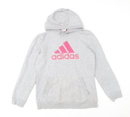 Adidas Women Grey Pink Logo Pullover Hoodie Size 12