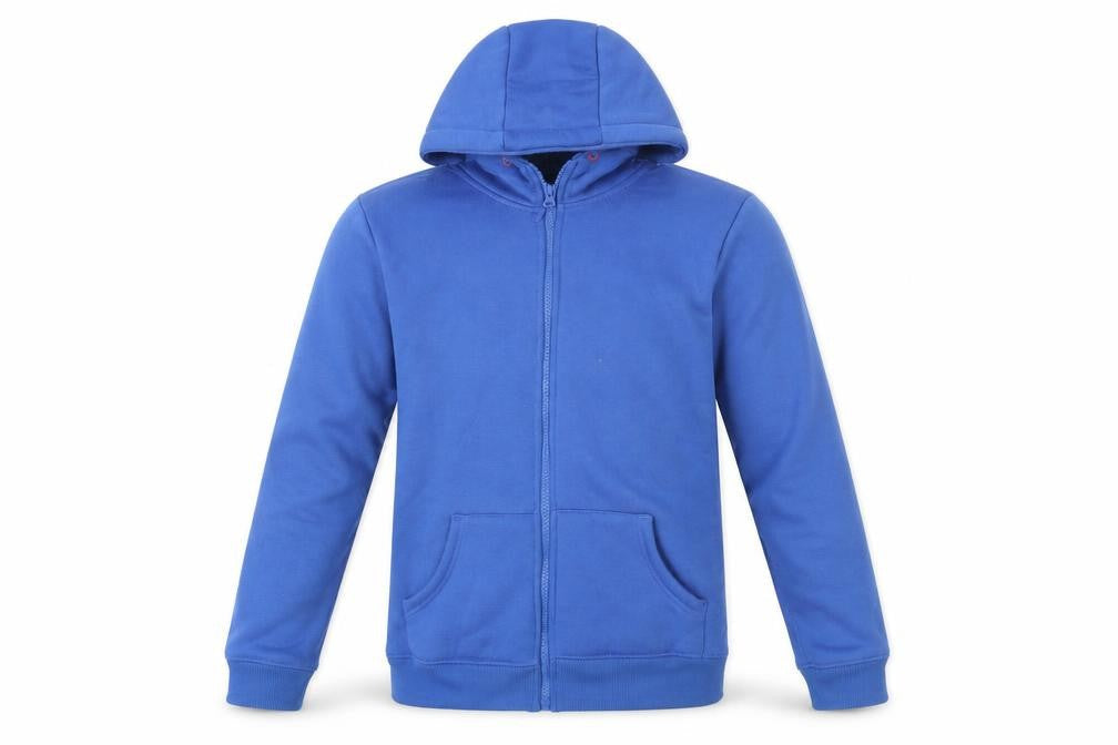 Front view of Mountain Warehouse boys’ blue fleece lined hooded full zip jacket 13 years