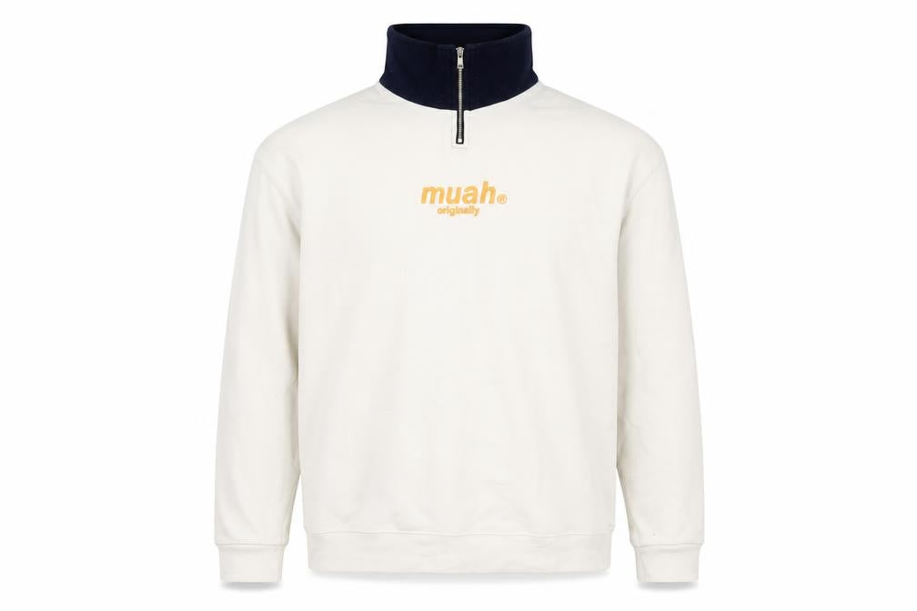 Unisex Adults UK Size M muah muah White 1/4 Zip Sweatshirt