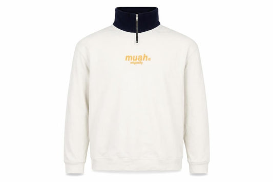 Front view of Muah Muah unisex white 1/4 zip cotton sweatshirt m