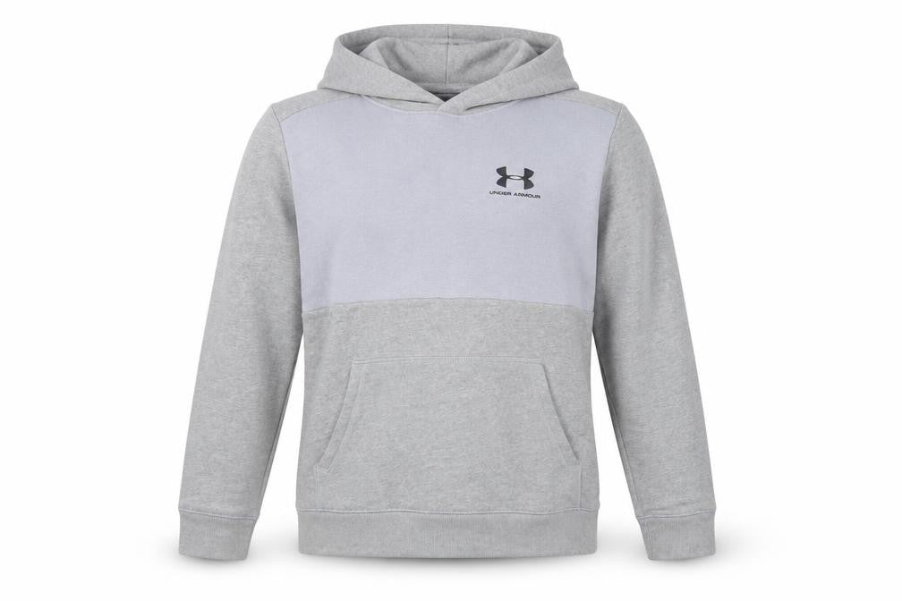 Front view of Under Armour boys’ grey pullover hoodie 13-14 years fleece coldgear