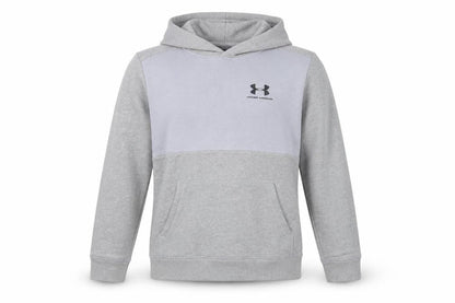 Front view of Under Armour boys’ grey pullover hoodie 13-14 years fleece coldgear