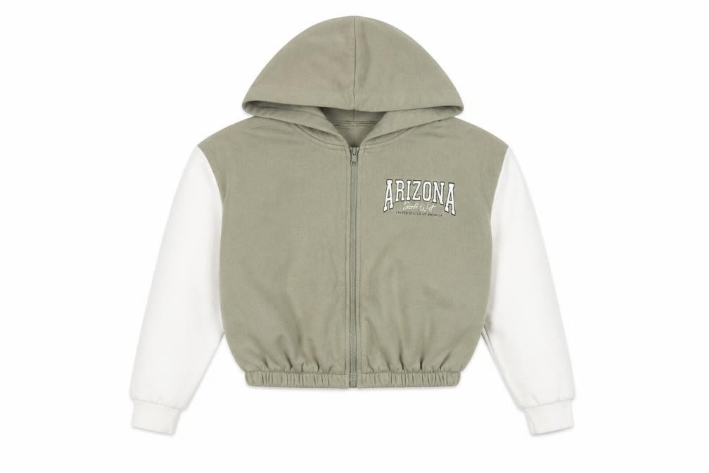 Front view of New Look girls’ green arizona print cropped hooded zip jacket -, size 10, years