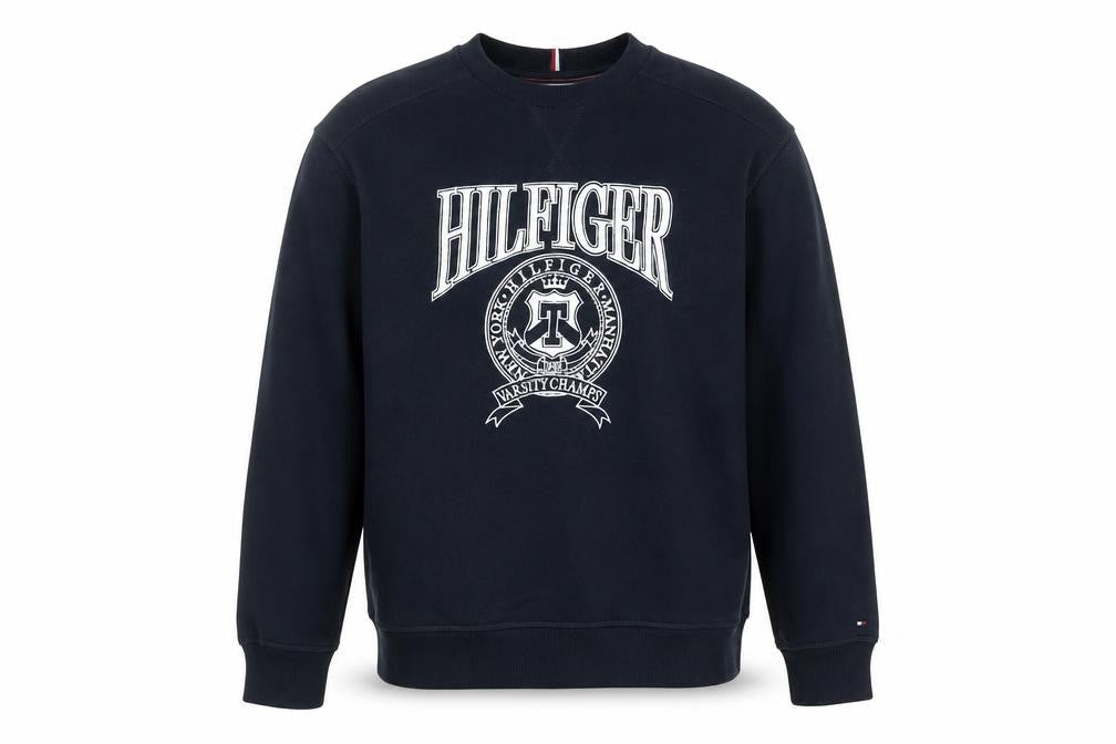 Front view of Tommy Hilfiger girls’ black sweatshirt, size 152, varsity crew neck logo jumper