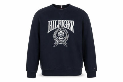 Front view of Tommy Hilfiger girls’ black sweatshirt, size 152, varsity crew neck logo jumper