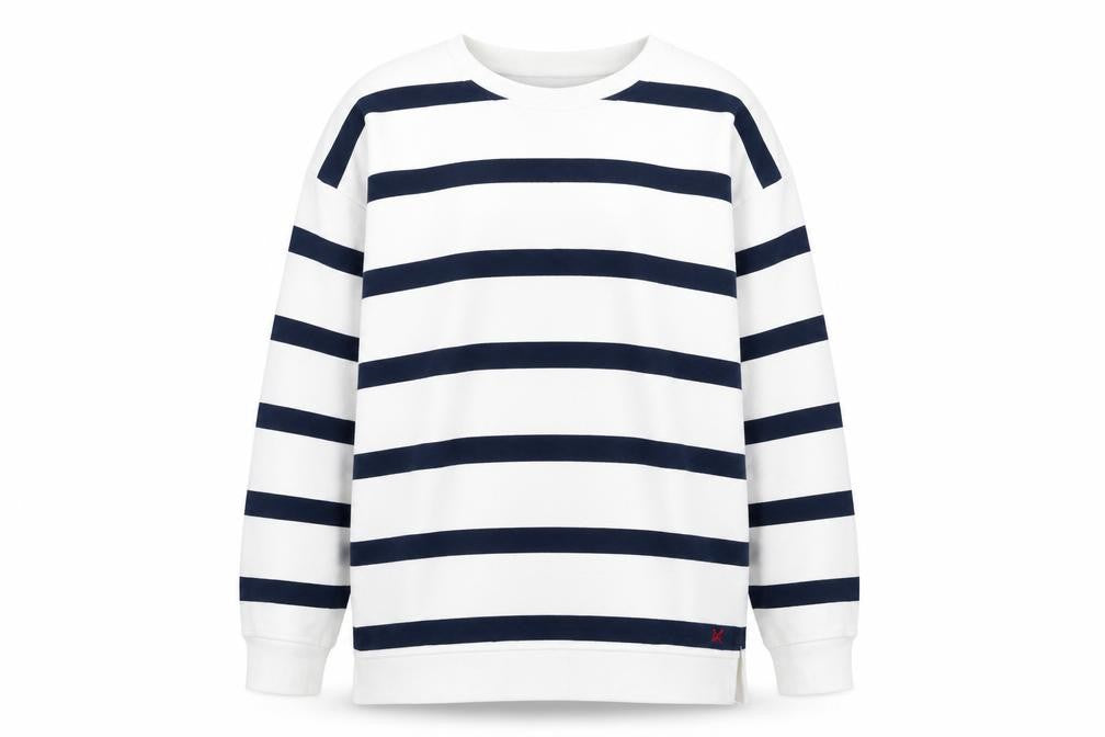Front view of Crew Clothing women’s navy white striped cotton sweatshirt, size UK 18