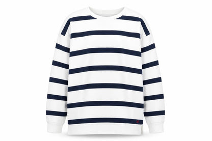 Front view of Crew Clothing women’s navy white striped cotton sweatshirt, size UK 18