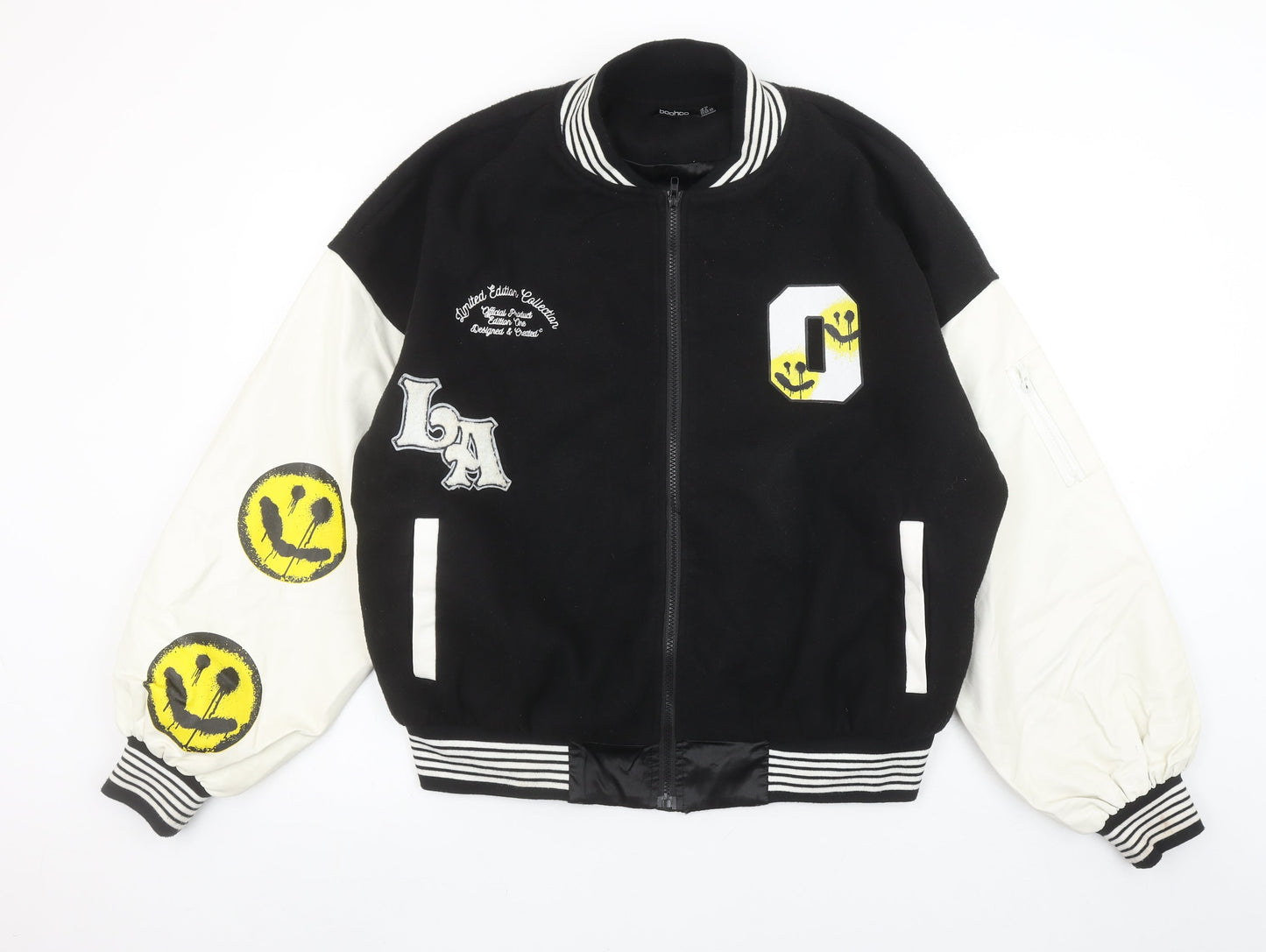 Boohoo Womens Black Varsity Jacket Size 10 Retro Smiley Design
