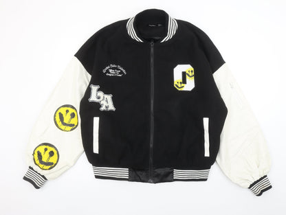 Boohoo Womens Black Varsity Jacket Size 10 Retro Smiley Design