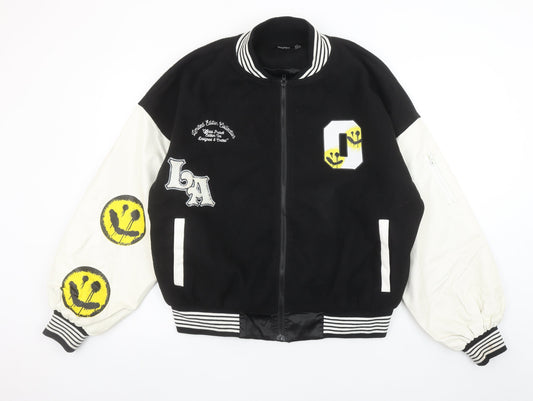 Boohoo Womens Black Varsity Jacket Size 10 Retro Smiley Design