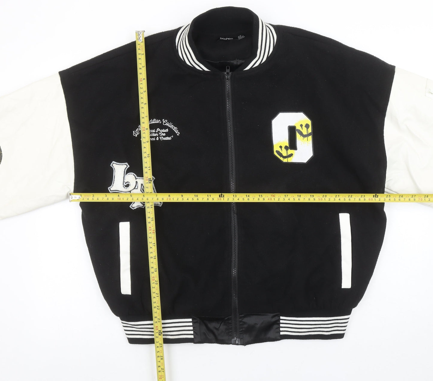 Boohoo Womens Black Varsity Jacket Size 10 Retro Smiley Design