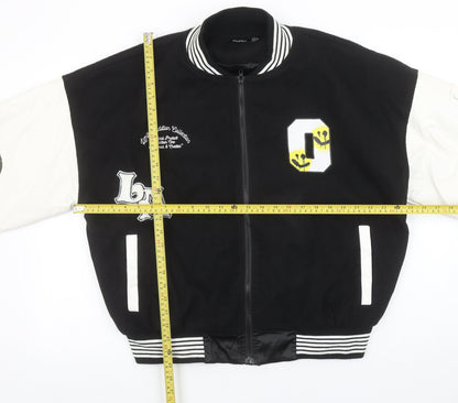Boohoo Womens Black Varsity Jacket Size 10 Retro Smiley Design