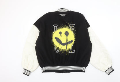 Boohoo Womens Black Varsity Jacket Size 10 Retro Smiley Design