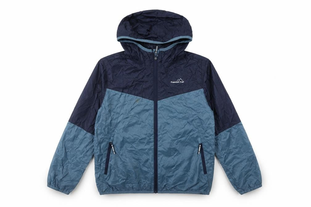 Front view of Freedom Trail boys’ blue hooded windbreaker jacket 11-12 years