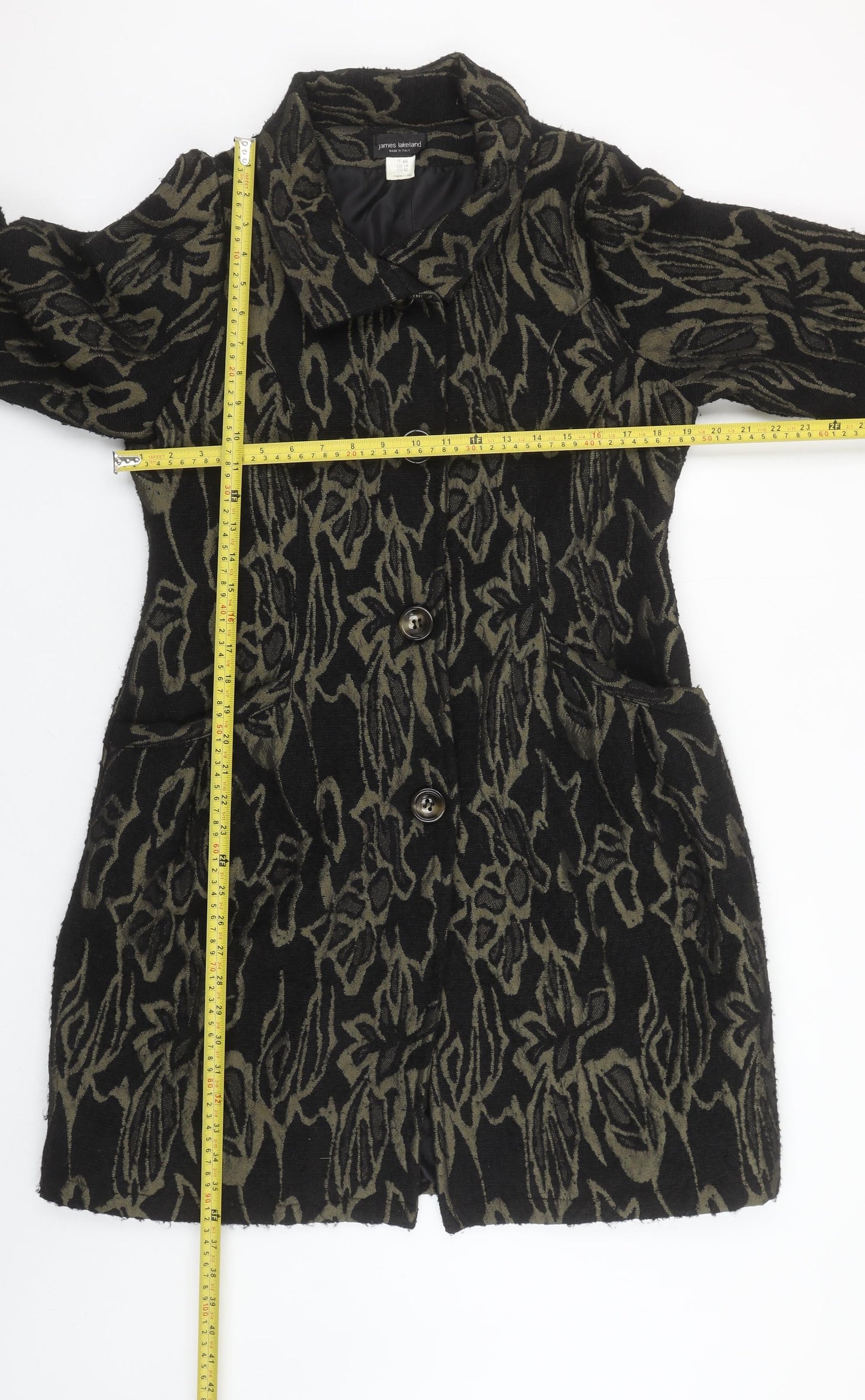 James Lakeland Women's Black Floral Wool Blend Mid-Length Coat Size 14