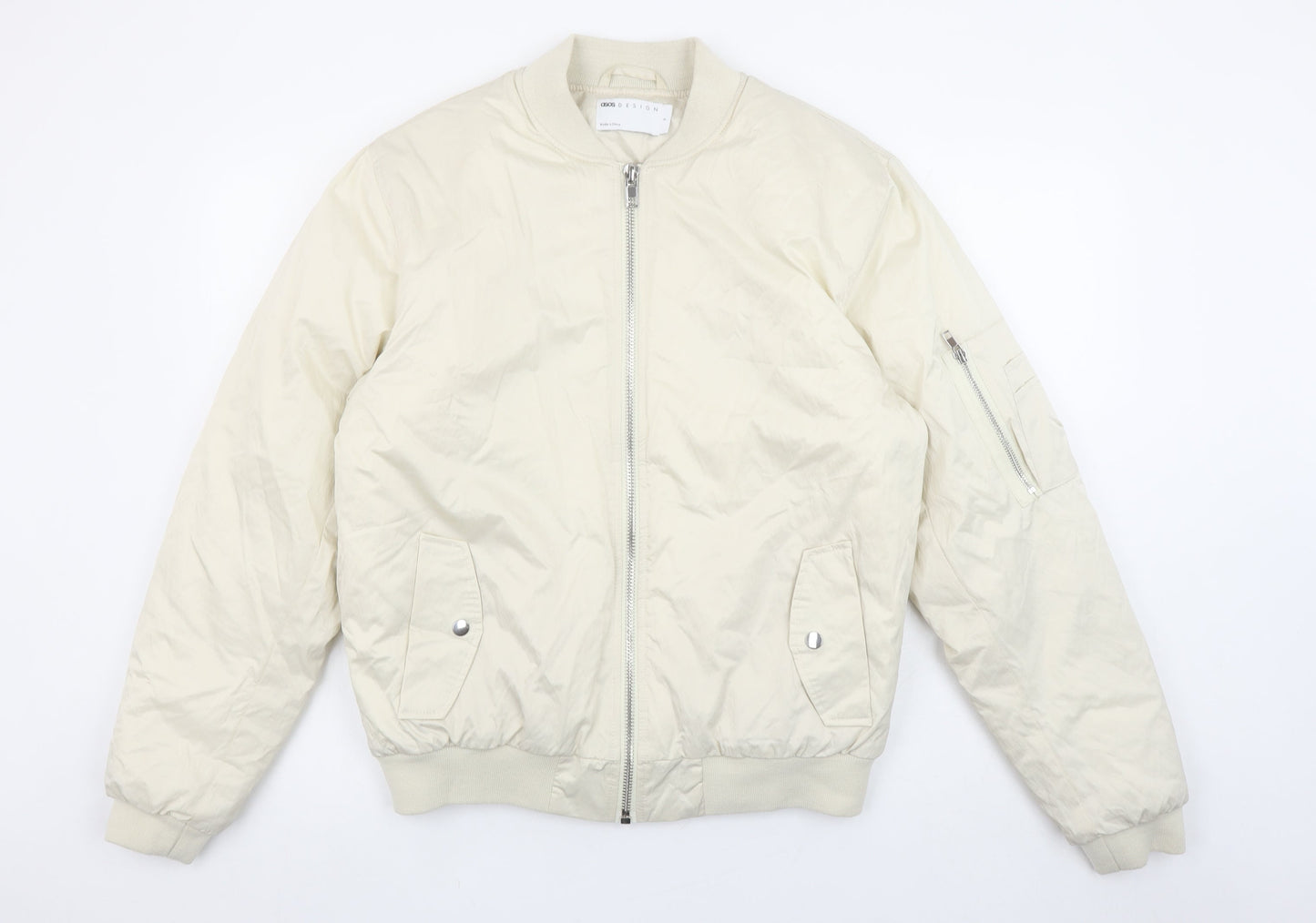 ASOS DESIGN Men's Beige Bomber Jacket S Regular Fit Full Zip