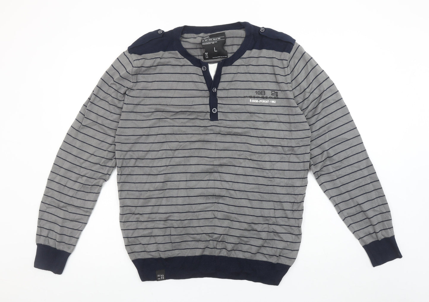 Next Men's Grey Striped Henley Cotton Jumper Size L Long Sleeve