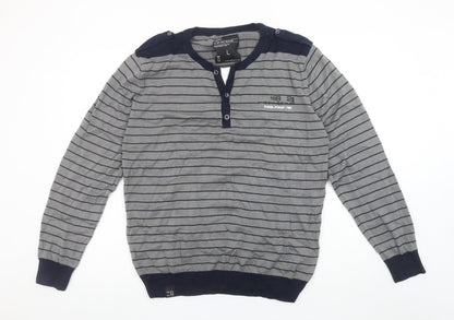 Next Men's Grey Striped Henley Cotton Jumper Size L Long Sleeve