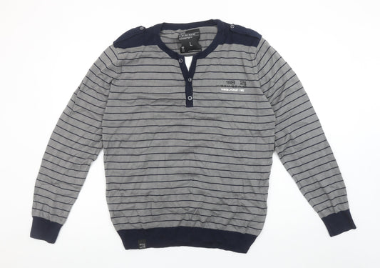 Next Men's Grey Striped Henley Cotton Jumper Size L Long Sleeve