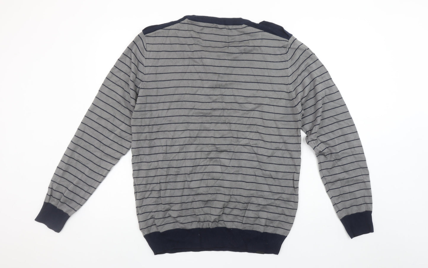 Next Men's Grey Striped Henley Cotton Jumper Size L Long Sleeve