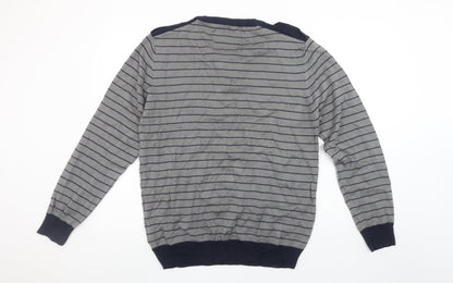 Next Men's Grey Striped Henley Cotton Jumper Size L Long Sleeve
