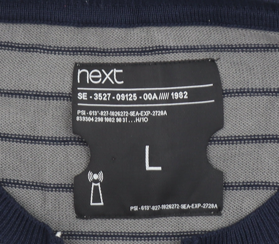 Next Men's Grey Striped Henley Cotton Jumper Size L Long Sleeve
