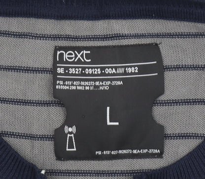 Next Men's Grey Striped Henley Cotton Jumper Size L Long Sleeve