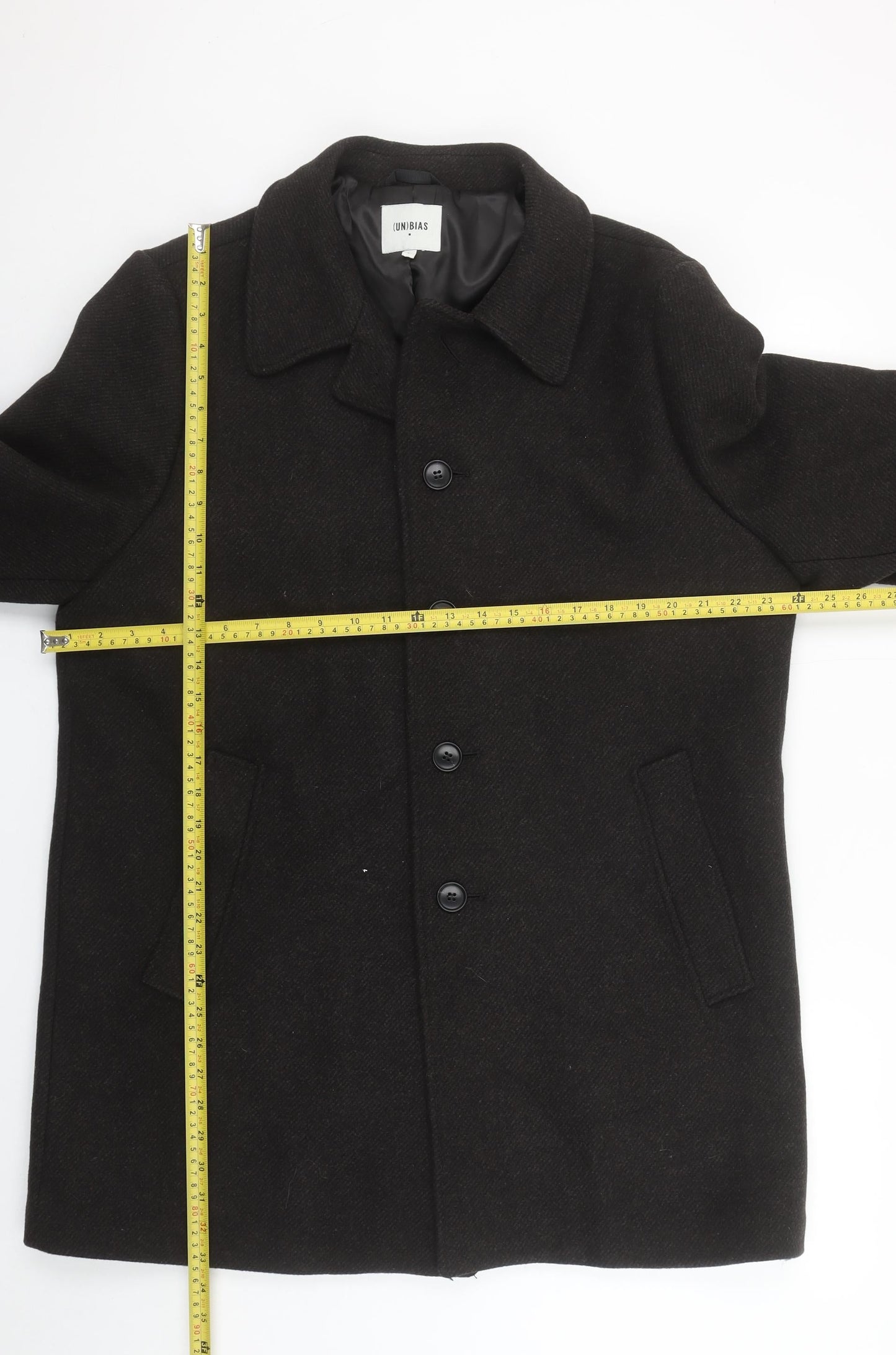 (UN)BIAS Mens Black Wool Blend Overcoat L Classic Mid-Length