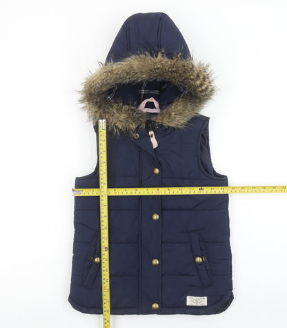 Joules Girls Blue Puffer Hooded Gilet 7-8 Years Faux Fur Trim Waistcoat
