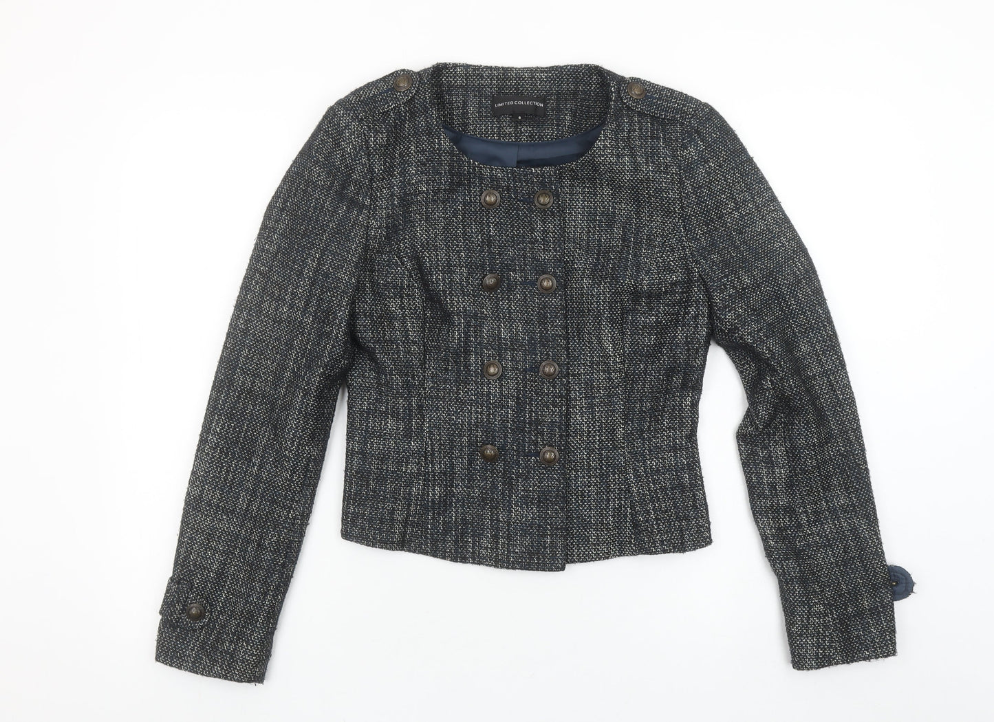 Marks and Spencer Women Grey Tweed Double-Breasted Blazer Size 8