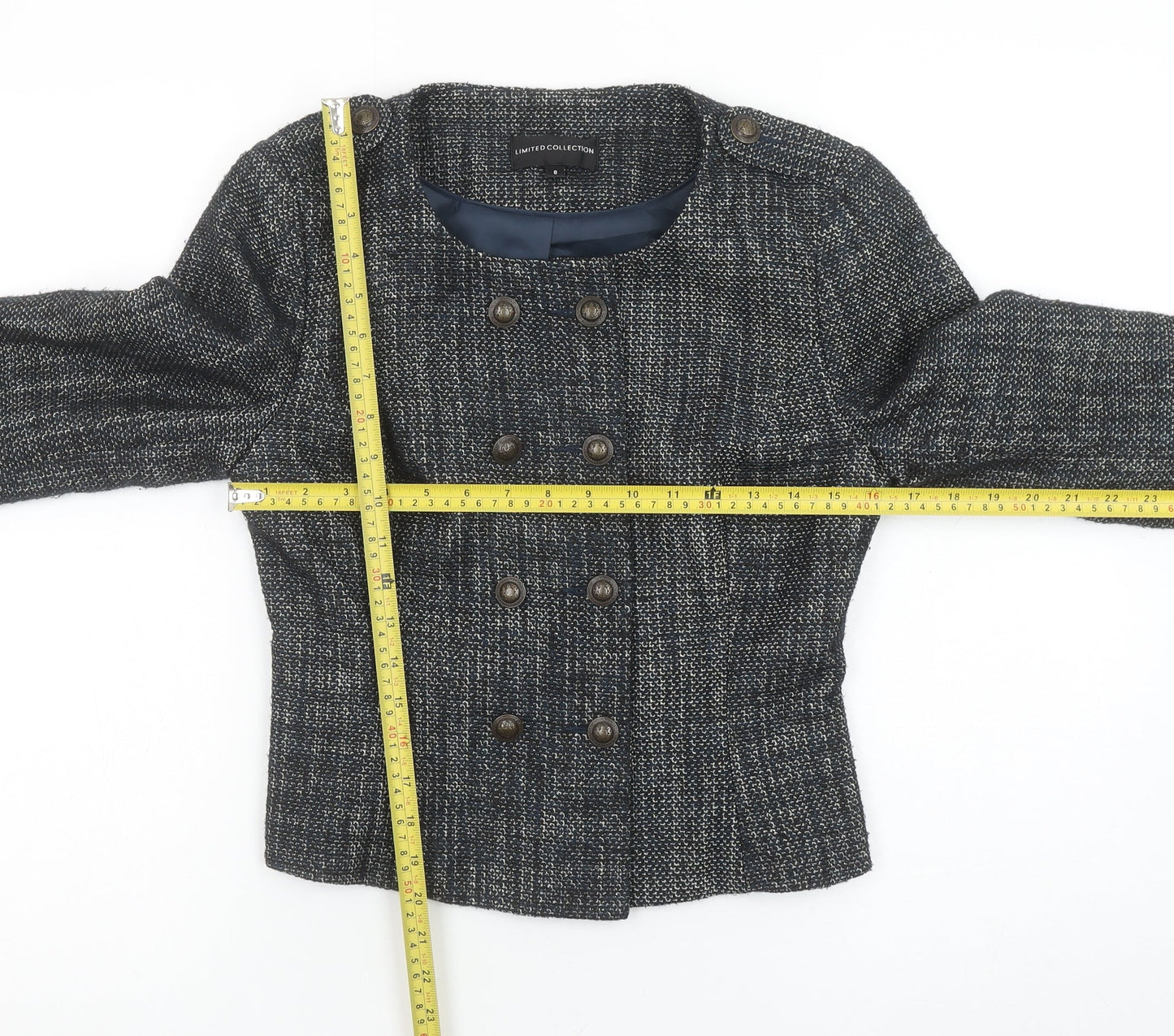 Marks and Spencer Women Grey Tweed Double-Breasted Blazer Size 8