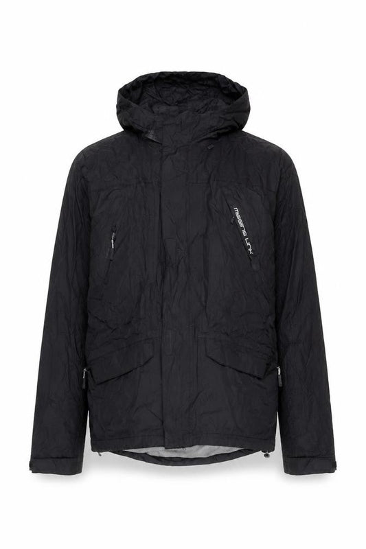 Front view of Missing Link unisex black s hooded windbreaker jacket