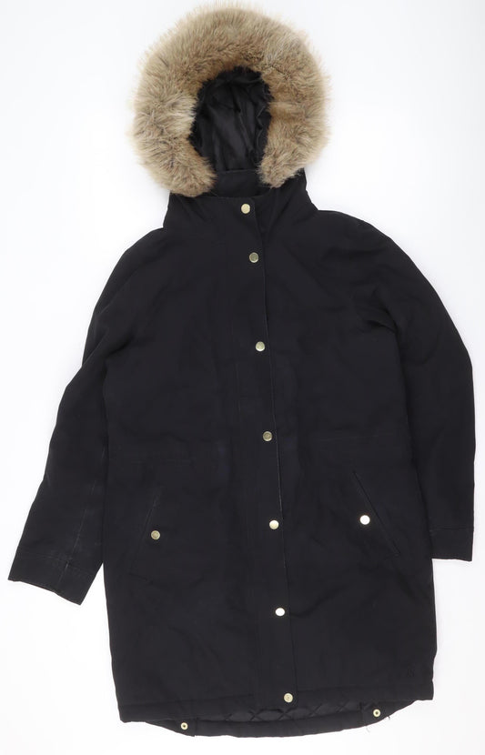 Joules Womens Black Fur Trim Hooded Parka Coat Size 10