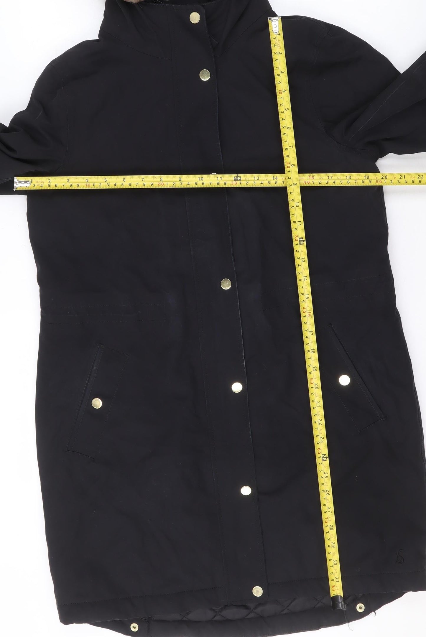 Joules Womens Black Fur Trim Hooded Parka Coat Size 10