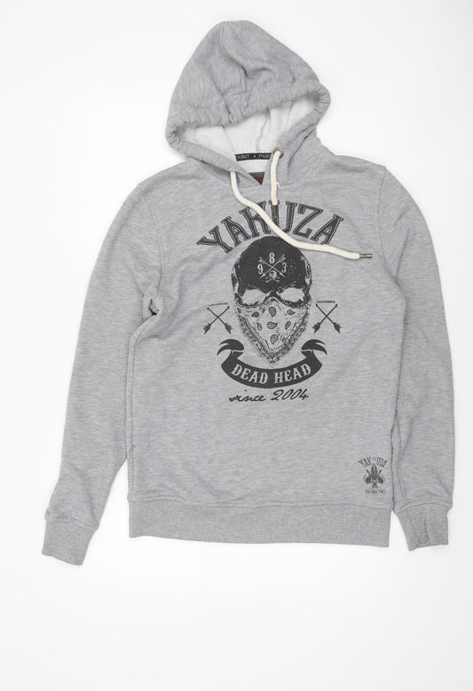 Yakuza Men’s Grey Pullover Hoodie L Skull Graphic Print Streetwear