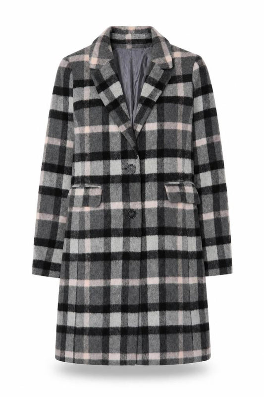Front view of Principles by Ben de Lisi Women's Grey Checked Wool Blend Mid-Length Coat, size 10