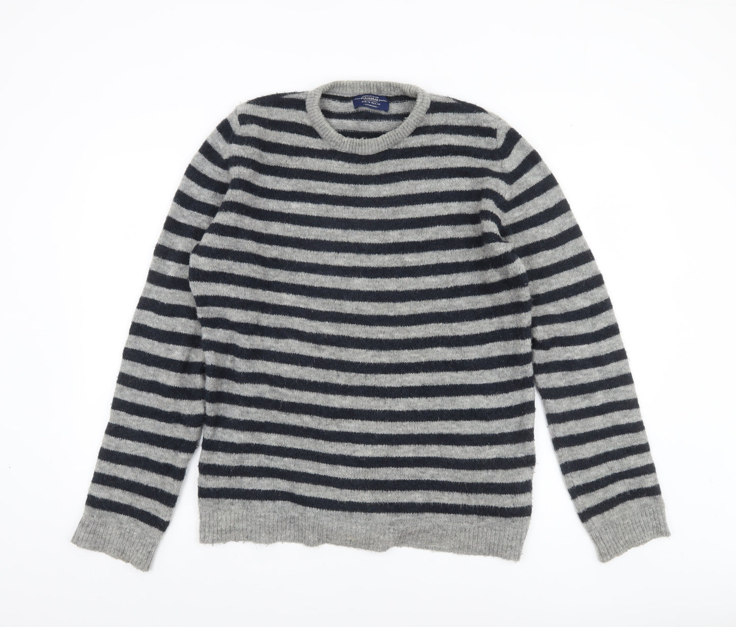 Pull & Bear Men’s Grey Striped Crew Neck Wool Blend Jumper Size M