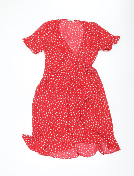 ONLY Women’s Red Floral Wrap Dress Size 8 Short Sleeve Knee Length