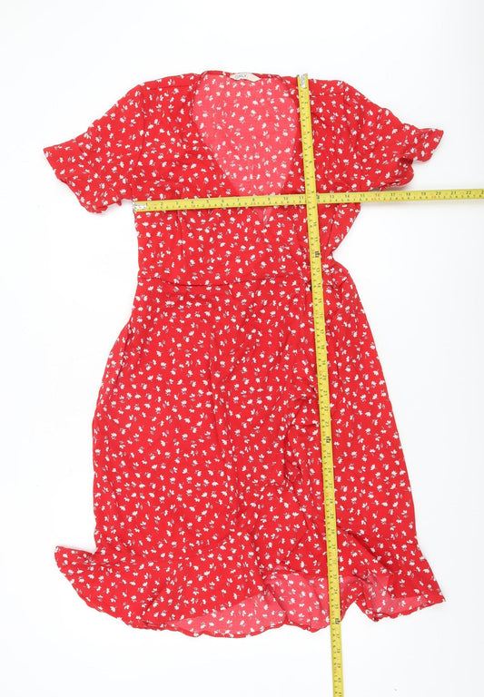 ONLY Women’s Red Floral Wrap Dress Size 8 Short Sleeve Knee Length