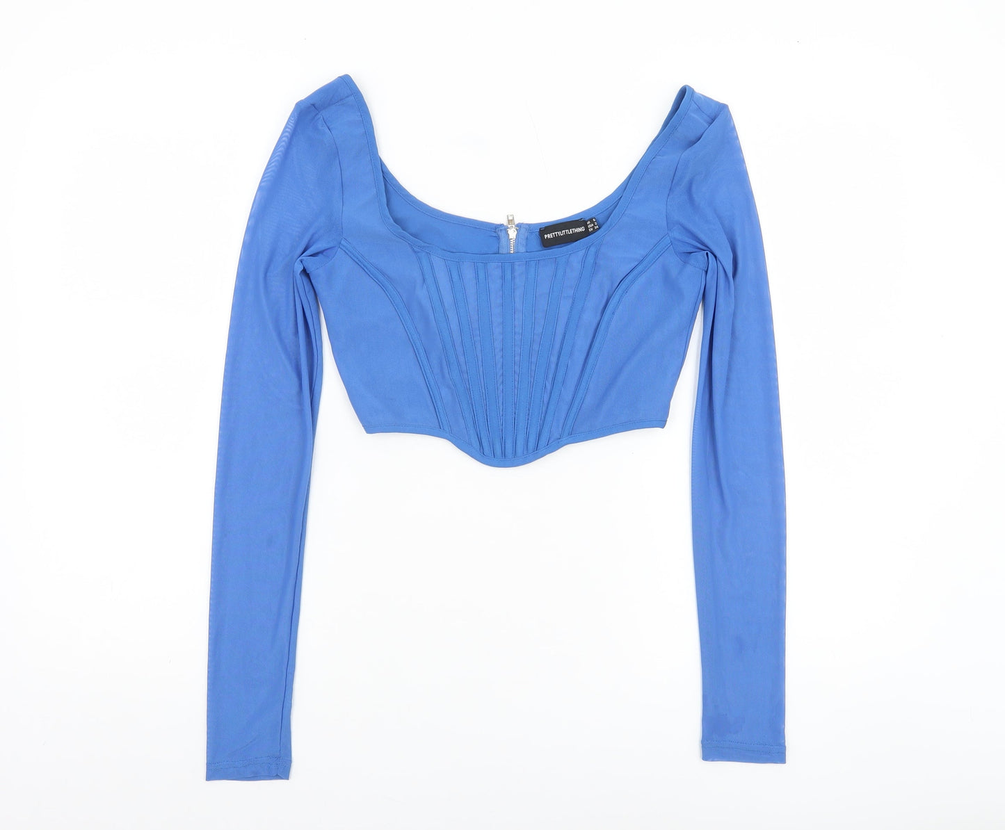 PrettyLittleThing Women Blue Cropped Long Sleeve Zip Blouse UK 6