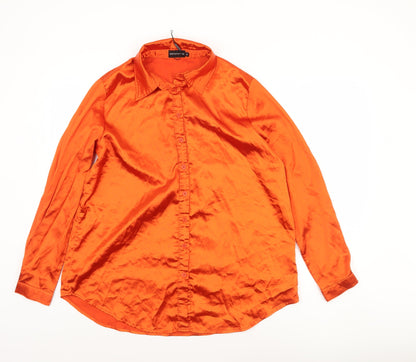 PrettyLittleThing Women Orange Satin Button-Up Shirt M Long Sleeve