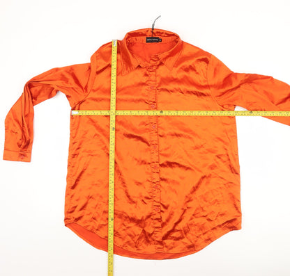 PrettyLittleThing Women Orange Satin Button-Up Shirt M Long Sleeve