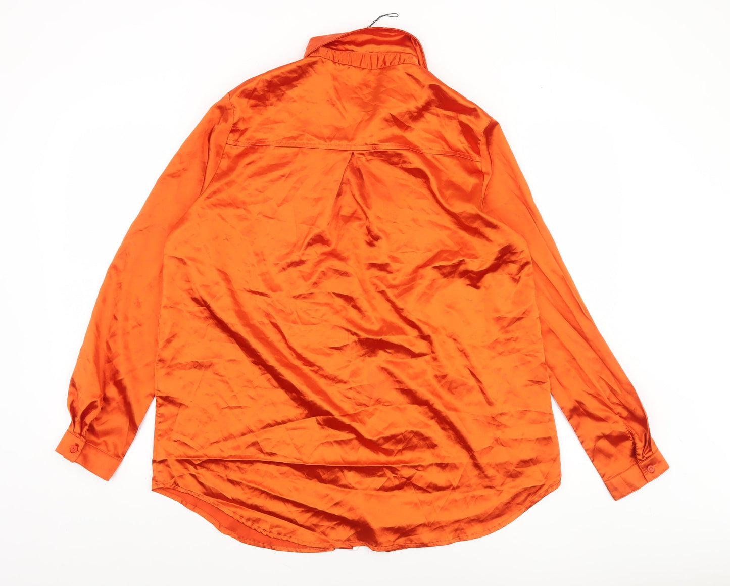 PrettyLittleThing Women Orange Satin Button-Up Shirt M Long Sleeve