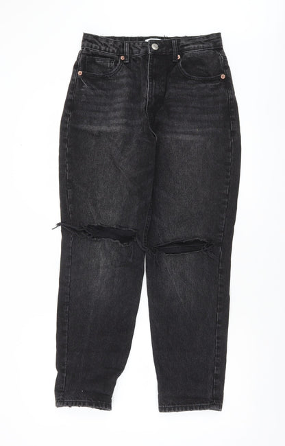 Zara Women Black High Rise Mom Jeans Size 10 Distressed Denim