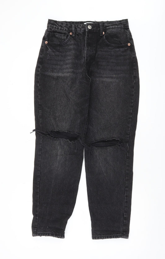 Zara Women Black High Rise Mom Jeans Size 10 Distressed Denim