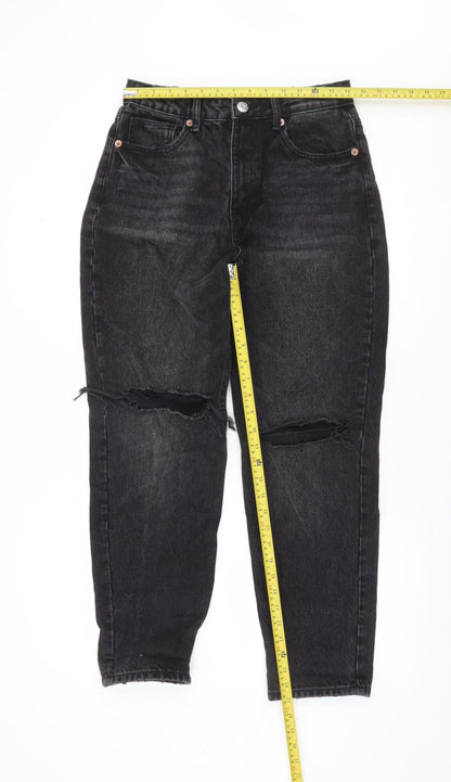 Zara Women Black High Rise Mom Jeans Size 10 Distressed Denim