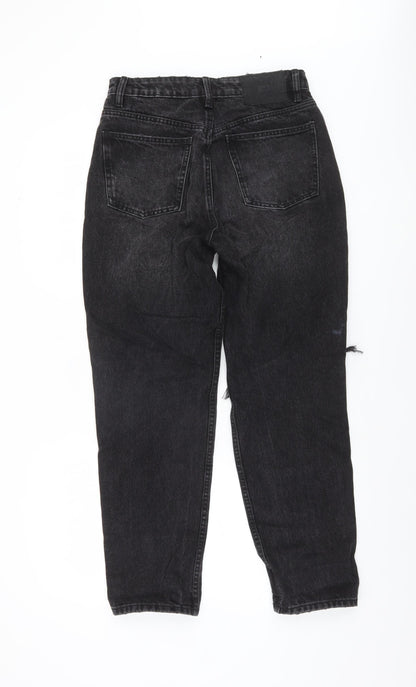 Zara Women Black High Rise Mom Jeans Size 10 Distressed Denim