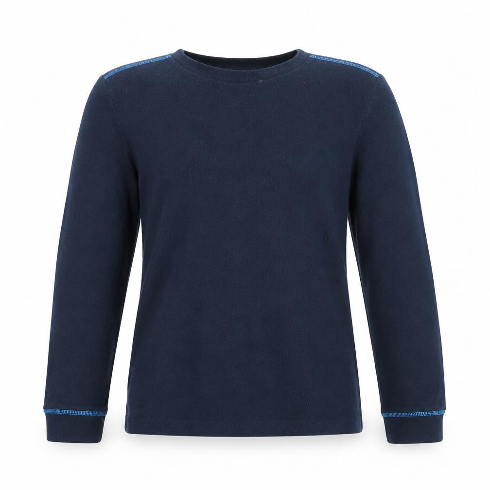 Front view of Quechua boys’ blue fleece pullover sweatshirt 10 years hiking warm