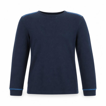 Front view of Quechua boys’ blue fleece pullover sweatshirt 10 years hiking warm