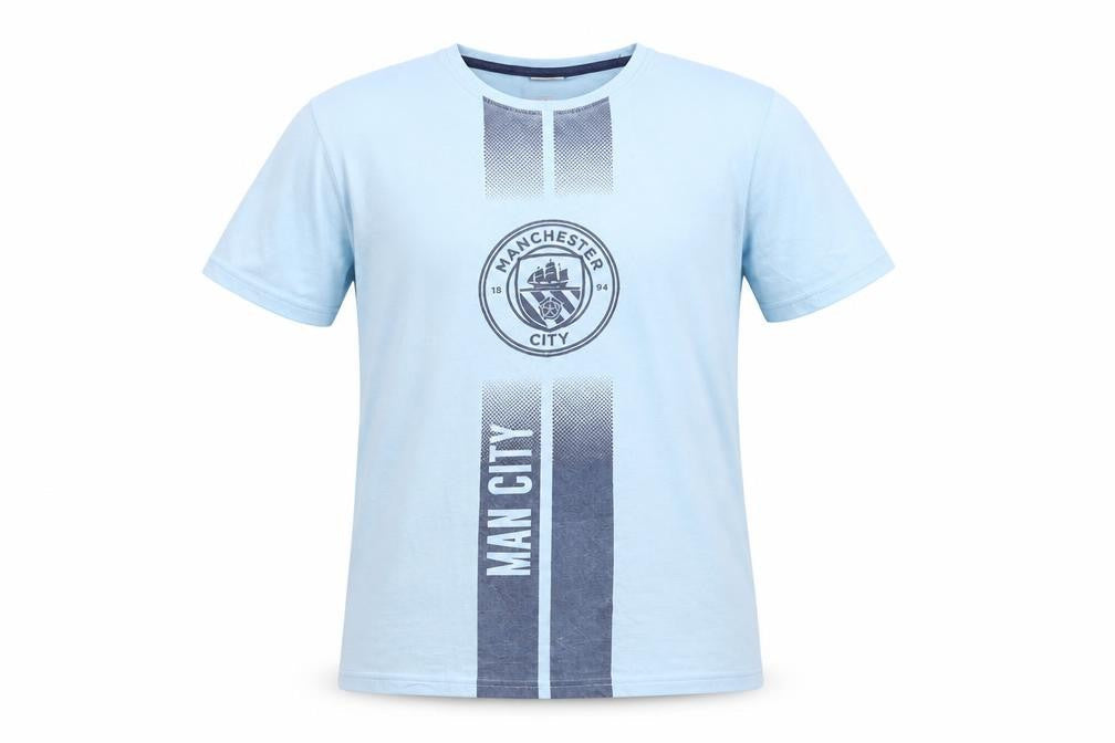 Front view of Manchester City boys’ blue 13-14 years football graphic t-shirt